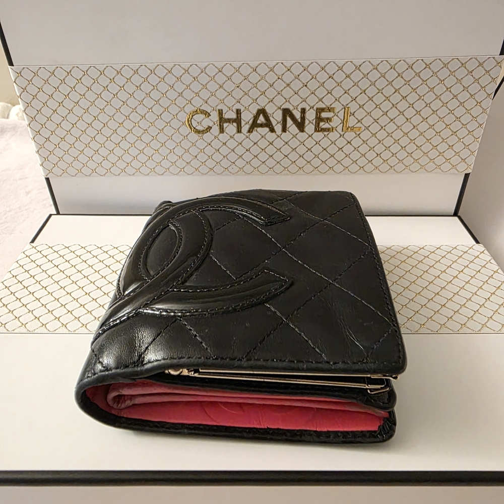 Authentic Chanel Cambon Line Bifold Wallet Black Lambskin Compact